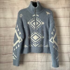 Jessica Simpson Blue White Geometric Aztec Mock Neck Quarter Zip Sweater Size M